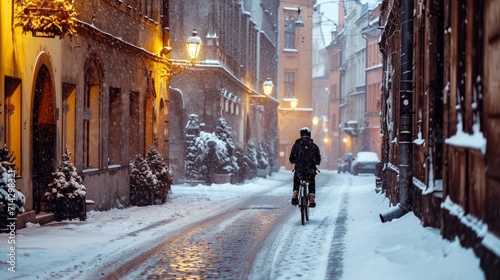 Krakow old town street and lonely biker riding in the snow 
