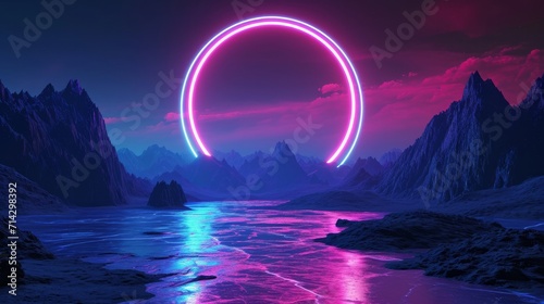 Mountain terrain landscape with pink and blue glowing neon light circle shape and shiny floor, retro technology or futuristic alien background template, 3D illustration     © Emil