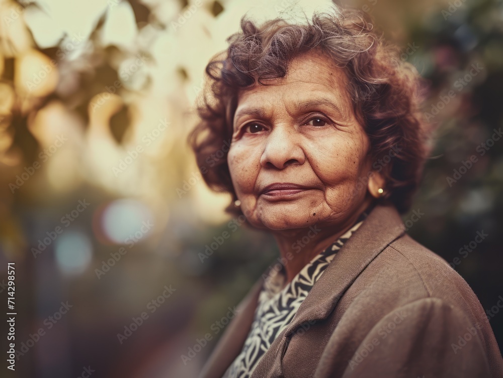 Fototapeta premium Photorealistic Old Indian Woman with Brown Curly Hair vintage Illustration. Portrait of a person in 1950s era aesthetics. Conservative style Ai Generated Horizontal Illustration.
