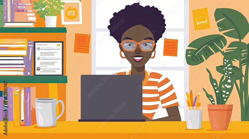 Black Female Student Working Freelancing Online With Laptop Computer Generative AI Black Female Student Working Freelancing Online With Laptop Computer Generative AI