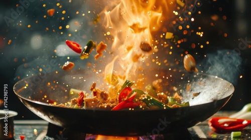 Super Slow Motion Shot of Wok Pan with Flying Ingredients in the Air and Fire Flames. Filmed on High Speed Cinema Camera at 1000 FPS. 