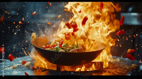 Super Slow Motion Shot of Wok Pan with Flying Ingredients in the Air and Fire Flames. Filmed on High Speed Cinema Camera at 1000 FPS. 