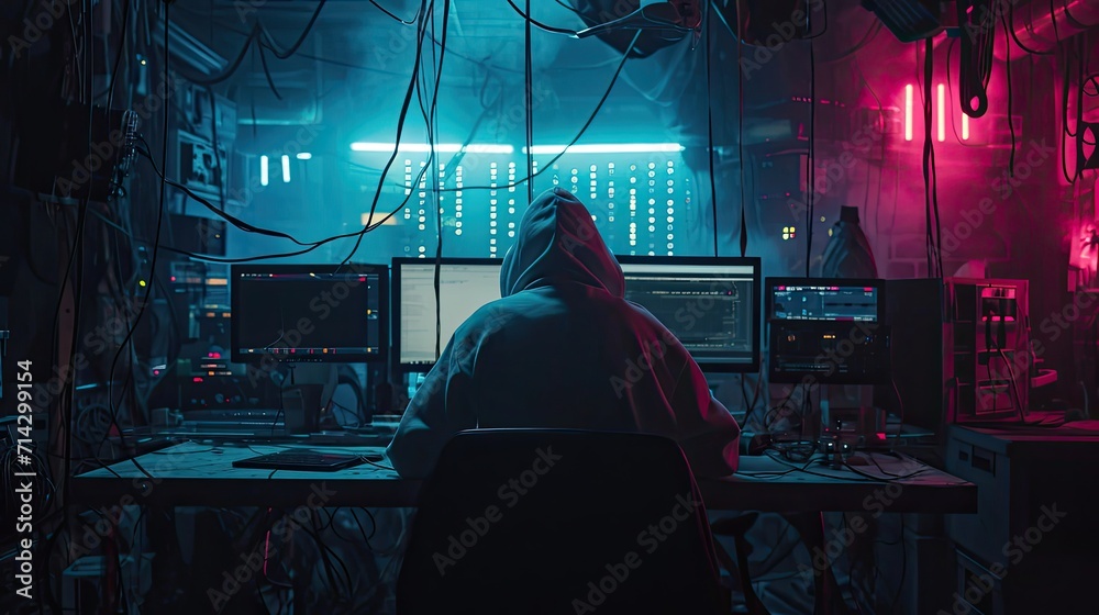 Computer Hacker Sitting at Desk in Dark Room Engaged in Hacking Generative AI - obrazy, fototapety, plakaty 