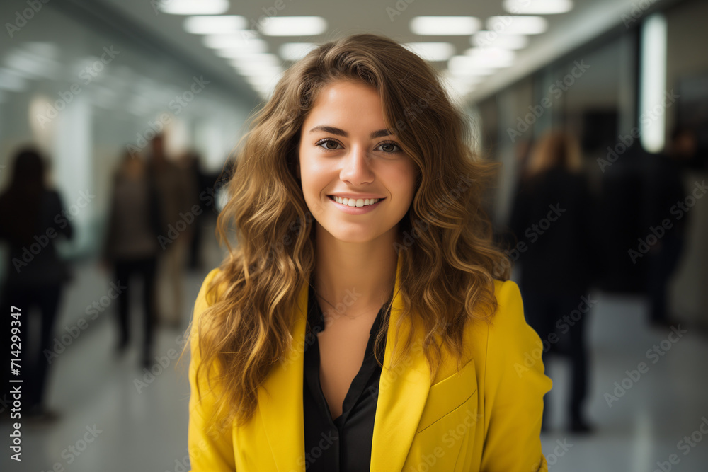 A young businesswoman wearing a yellow suit smiling. A young businesswoman wearing a yellow suit smiling.