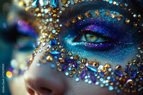 close up of womans face decorated with shiny crystal gemstones, festive, glamour