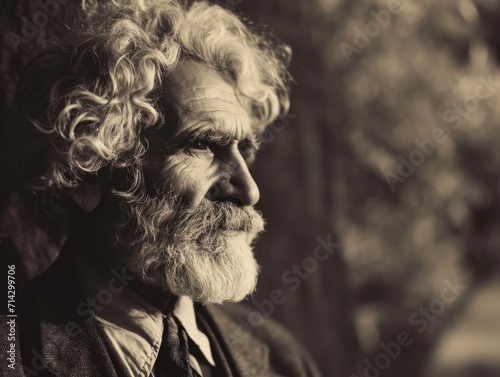 Photorealistic Old Persian Man with Blond Curly Hair vintage Illustration. Portrait of a person in 1950s era aesthetics. Conservative style Ai Generated Horizontal Illustration.
