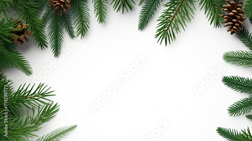 Pine branches and cones. Winter holidays frame, happy new year banner template.