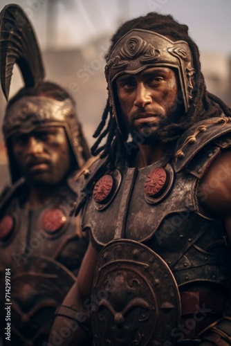 some warriors with their helmets on, in the style of cinematic lighting, dark gold and brown, intense close-ups. Gladiators with guns.