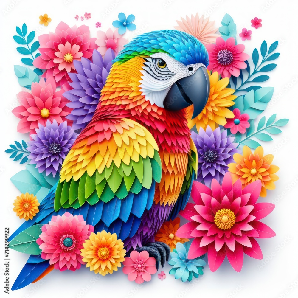 Obraz premium Immerse yourself in the artful world of kirigami with a vibrant parrot against a backdrop of colorful flowers. Isolated on white, this masterpiece combines precision and elegance