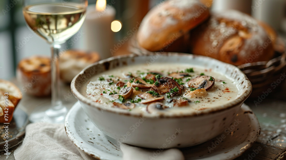 On a white table, a plate of cream of mushroom soup, a glass of white wine, a rustic basket of rustic bread, and homemade food. Nice background. On a white table, a plate of cream of mushroom soup, a glass of white wine, a rustic basket of rustic bread, and homemade food. Nice background.