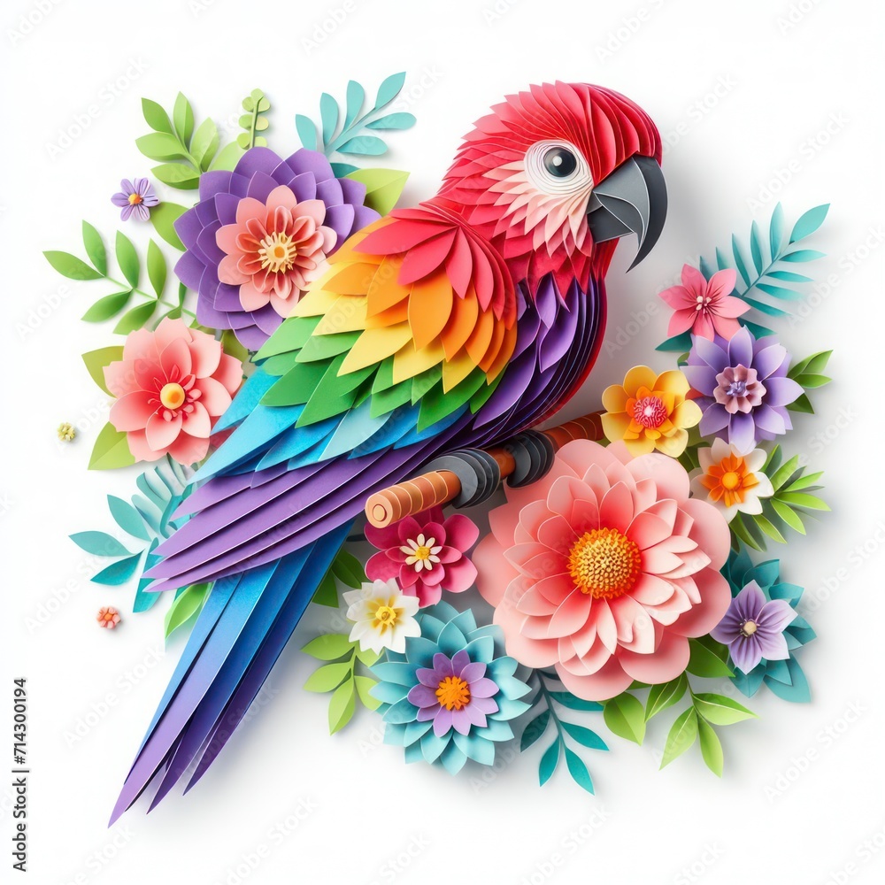 Immerse yourself in the artful world of kirigami with a vibrant parrot against a backdrop of colorful flowers. Isolated on white, this masterpiece combines precision and elegance Immerse yourself in the artful world of kirigami with a vibrant parrot against a backdrop of colorful flowers. Isolated on white, this masterpiece combines precision and elegance