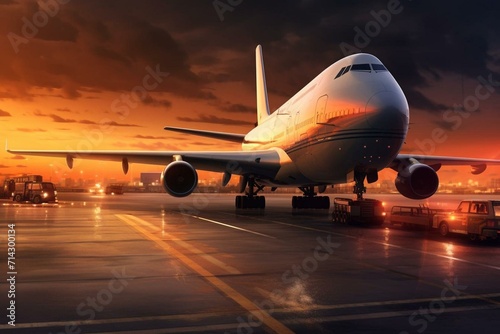 A massive plane delivering parcels on an airport runway, facilitating global business logistics. Generative AI