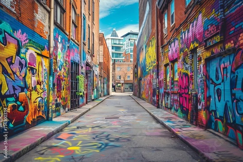 Vibrant graffiti alley in urban art district © Bijac