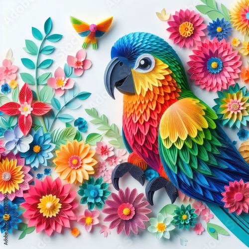Immerse yourself in the artful world of kirigami with a vibrant parrot against a backdrop of colorful flowers. Isolated on white, this masterpiece combines precision and elegance © Nuwan Wickramarathne