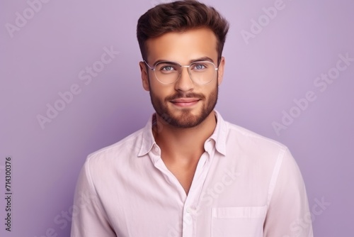 portrait of a young handsome man with glasses on a lilac lavender background.