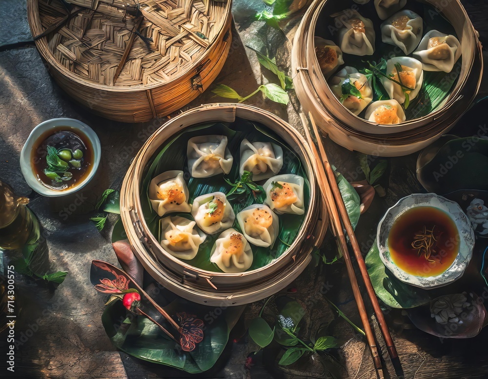 Dim Sum, a Chinese culinary treasure, features small, flavorful, and steamed delights, crafted with authenticity and served in bamboo baskets for a harmonious gastronomic experience. AI generation Dim Sum, a Chinese culinary treasure, features small, flavorful, and steamed delights, crafted with authenticity and served in bamboo baskets for a harmonious gastronomic experience. AI generation