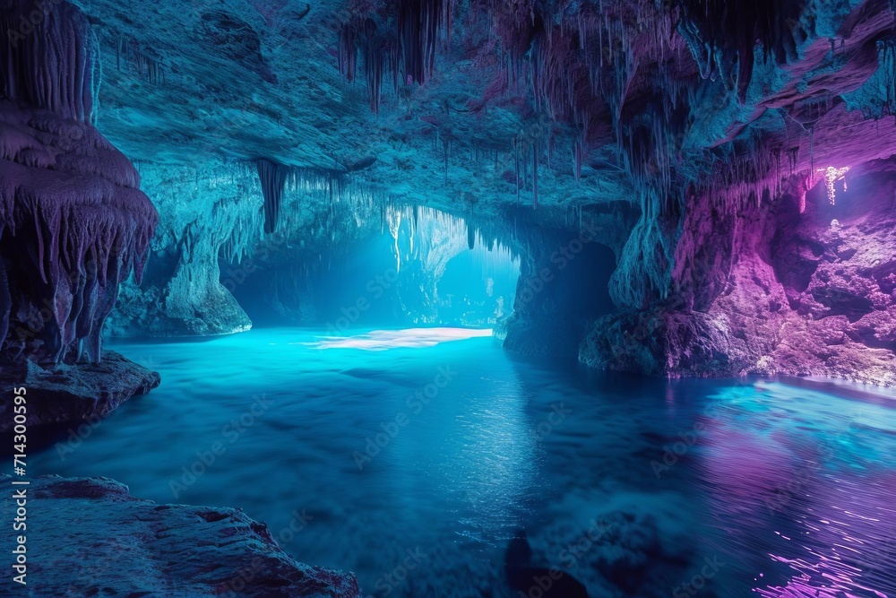Dreamy underwater cave with bioluminescent life