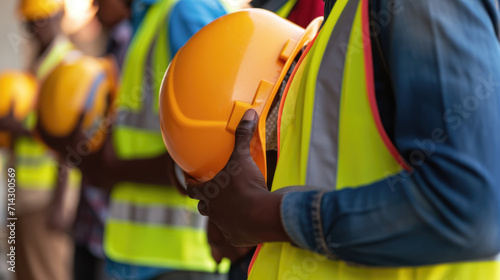 Close-up of a row of construction workers holding their yellow and orange safety helmets