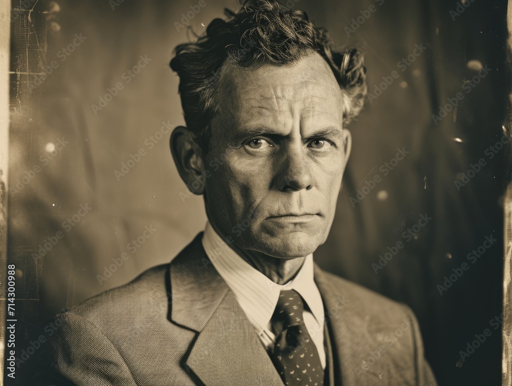 Fototapeta premium Photorealistic Old White Man with Brown Curly Hair vintage Illustration. Portrait of a person in 1950s era aesthetics. Conservative style Ai Generated Horizontal Illustration.