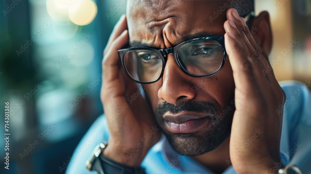 Middle-aged man experiencing a headache, evident by his pained expression and hands pressed against his temples. Middle-aged man experiencing a headache, evident by his pained expression and hands pressed against his temples.