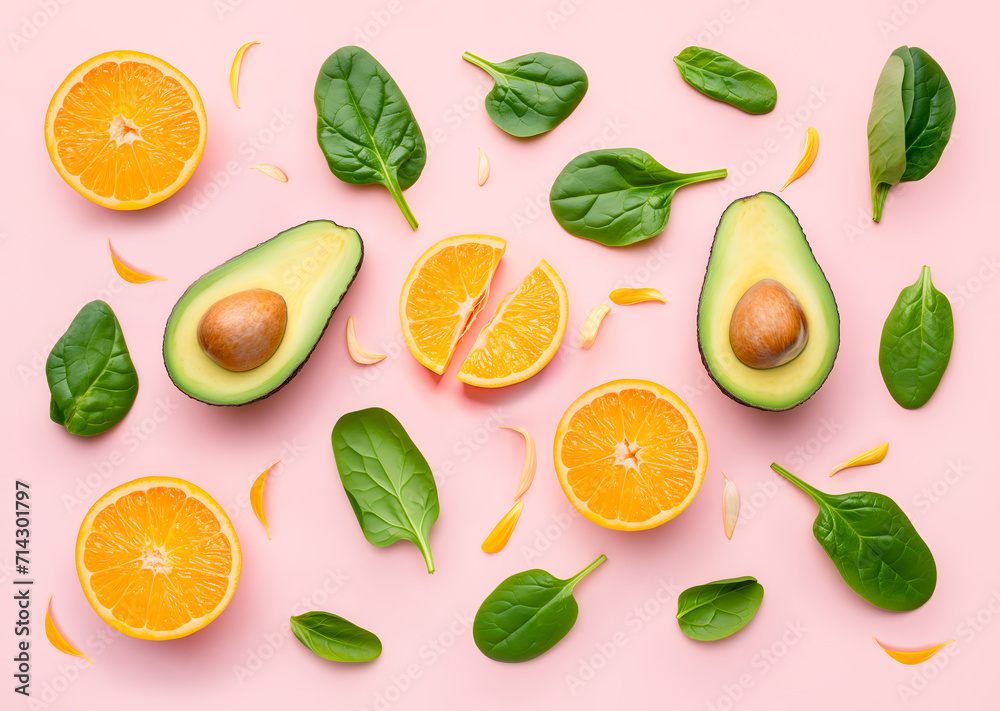 Fresh green spinach leaves, orange and avocado. Isolated pastel pink background. Flat layood pattern. Top view natural texture. fSources of vitamins, minerals, fatty acids, fiber.