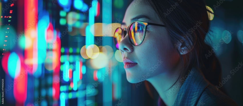 Female cryptocurrency trader using hologram technology, cloud computing, and AI strategies for investment growth. - obrazy, fototapety, plakaty 