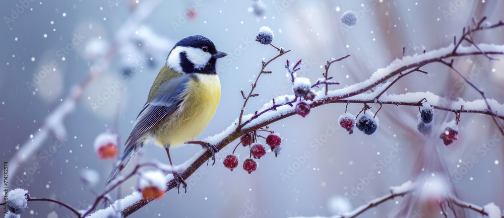 Obraz premium A great tit perches amidst a gentle snowfall, adding a touch of vivid color to the serene winter landscape