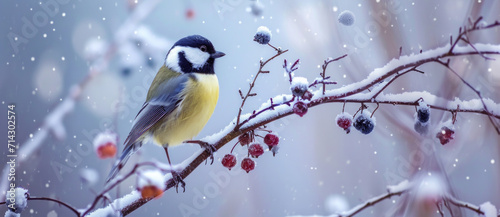 A great tit perches amidst a gentle snowfall, adding a touch of vivid color to the serene winter landscape