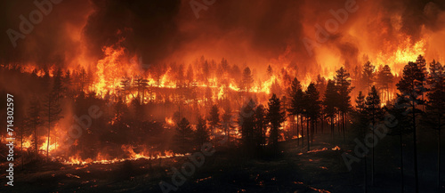 Fierce wildfire engulfing a forest, a dramatic and devastating spectacle of nature's unchecked fury