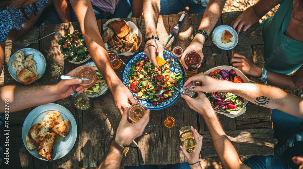 Top view of a group of people sitting around a rustic wooden dining table, toasting with their glasses raised amidst a spread of various dishes - obrazy, fototapety, plakaty 