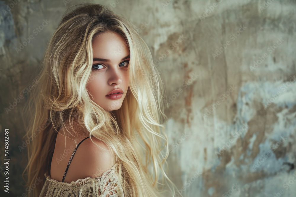 Enigmatic beauty with cascading blonde curls and a penetrating gaze, set against a backdrop of rustic decay Enigmatic beauty with cascading blonde curls and a penetrating gaze, set against a backdrop of rustic decay