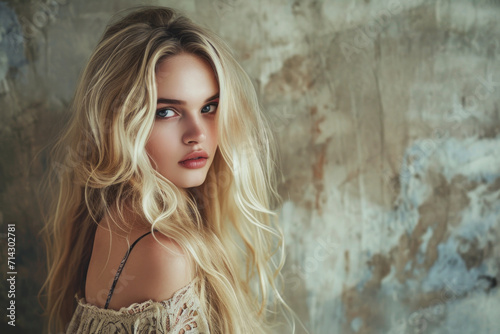 Enigmatic beauty with cascading blonde curls and a penetrating gaze, set against a backdrop of rustic decay
