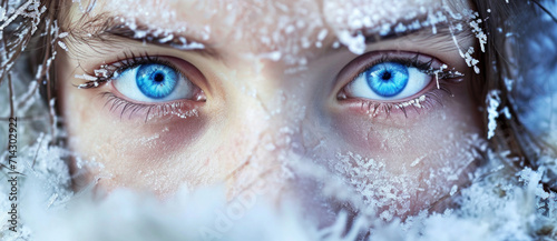 Intense blue eyes peering through a frosty veil, the chill of winter captured in a gaze as sharp as ice crystals