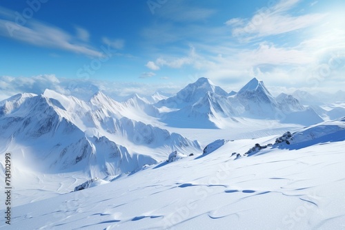 Panoramic views of snowcovered mountain ranges. Generative ai © SILVANIR