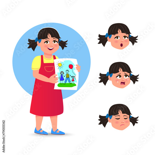 Little girl with drawing of family and heads with emotions. Learns to draw. He brags and shows a picture drawn by the hand of mom, dad and baby.