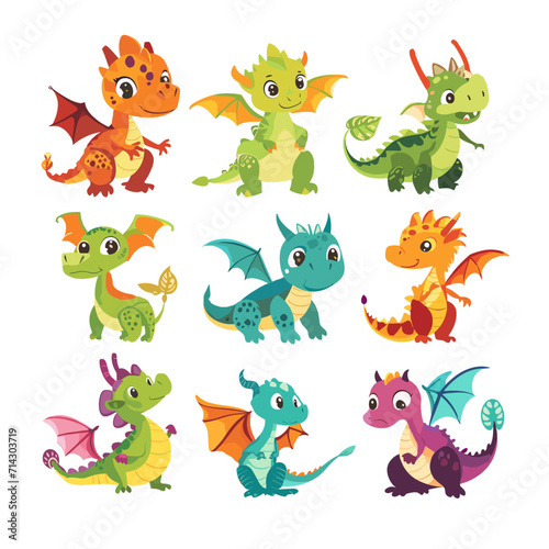 Cartoon dragon set. Cute dragons. Baby fire dragon or dinosaur cute characters isolated vector. Fairy tale monsters. Vector dragon