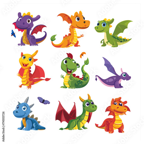 Cartoon dragon set. Cute dragons. Baby fire dragon or dinosaur cute characters isolated vector. Fairy tale monsters. Vector dragon