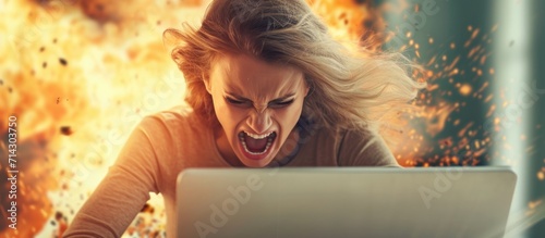 Angry woman about to smash computer.