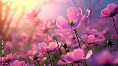 Beautiful pink flower anemones fresh spring morning on nature and fluttering butterfly