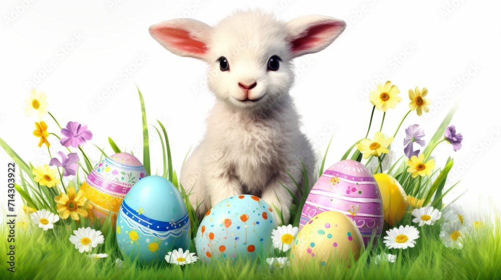 Fototapeta premium A lamb on the grass with flowers and Easter eggs on a white background