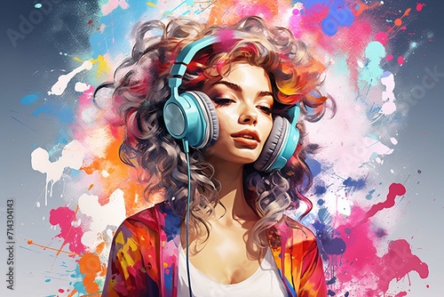 A colorful painting of a woman wearing headphones, with vibrant color splashes on a white background