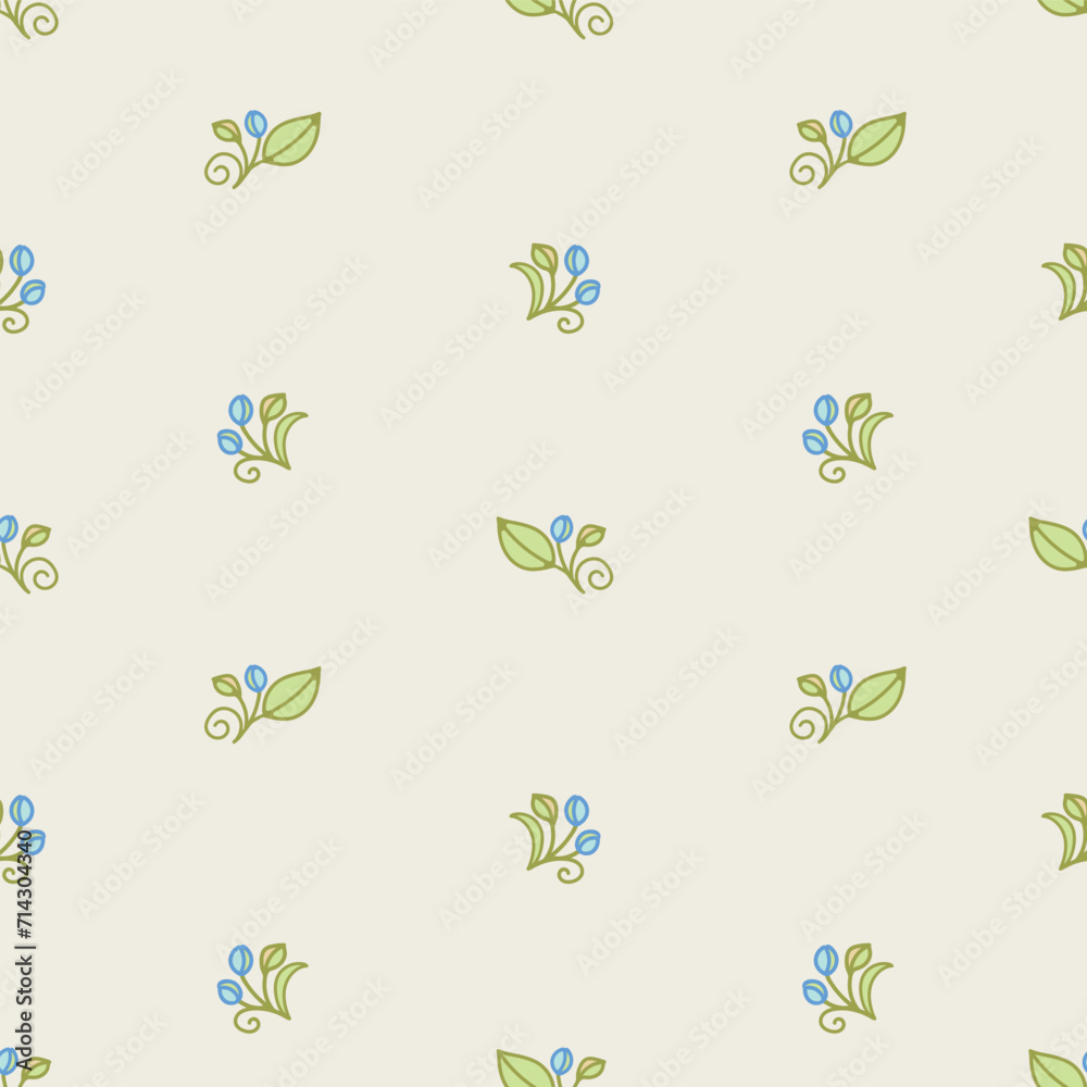 Repeating pattern with tiny leaves and flower buds. Coordinating pattern. Can be used for surface pattern design and textile print. www.bkpatterns.com
