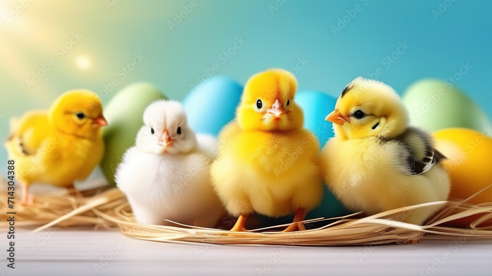 tiny little chicken with easter multicolor eggs banner background spring birds fluffy chicks poultry