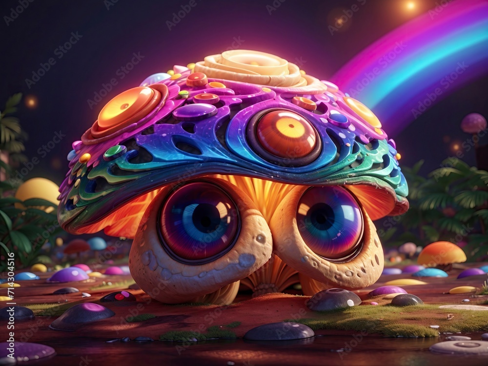 deform alien psychedelic colored mushrooms with big eyes, colorful background, 3D Rendering