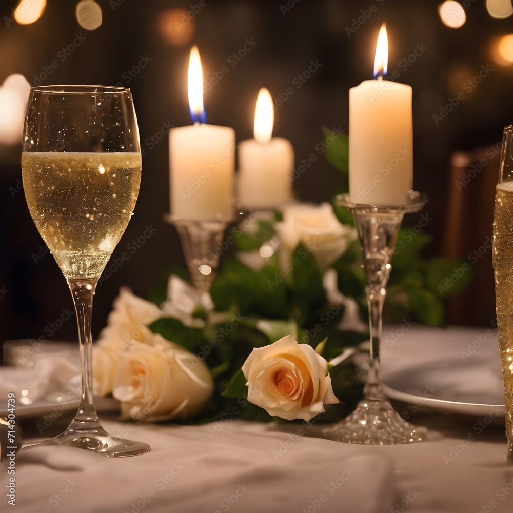 Romantic Evening: Bubbly Glasses, Candlelit Ambiance, and White Roses at a Valentine's Day Dinner Romantic Evening: Bubbly Glasses, Candlelit Ambiance, and White Roses at a Valentine's Day Dinner