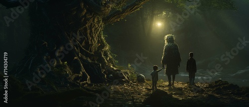 
A mischievous sprite, protector of the forest's secrets, leads a lost child on a fantastical adventure through hidden paths and talking trees photo