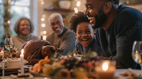 Family gathered around a dinner table, enjoying a festive meal with a roasted turkey, smiling and engaging in lively conversation. photo