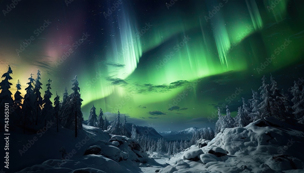 View of night sky with multicolored aurora borealis and mountain peak background. Night glows in vibrant aurora reflection on the lake with forest. 