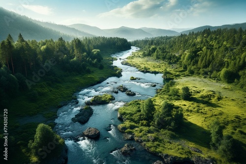 Aerial Vertical View Over The Surface Of A Mountain River. Beautiful natural scenery of river