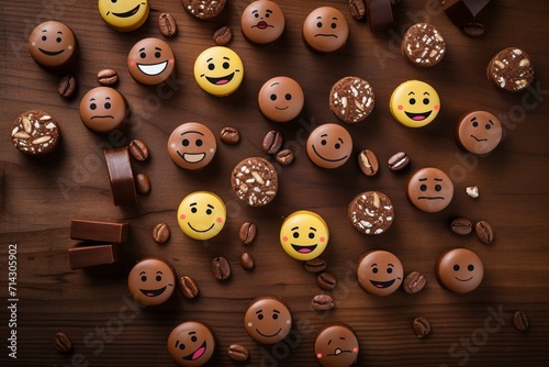 all kinds of emojis on isolated chocolaty wooden background  photo